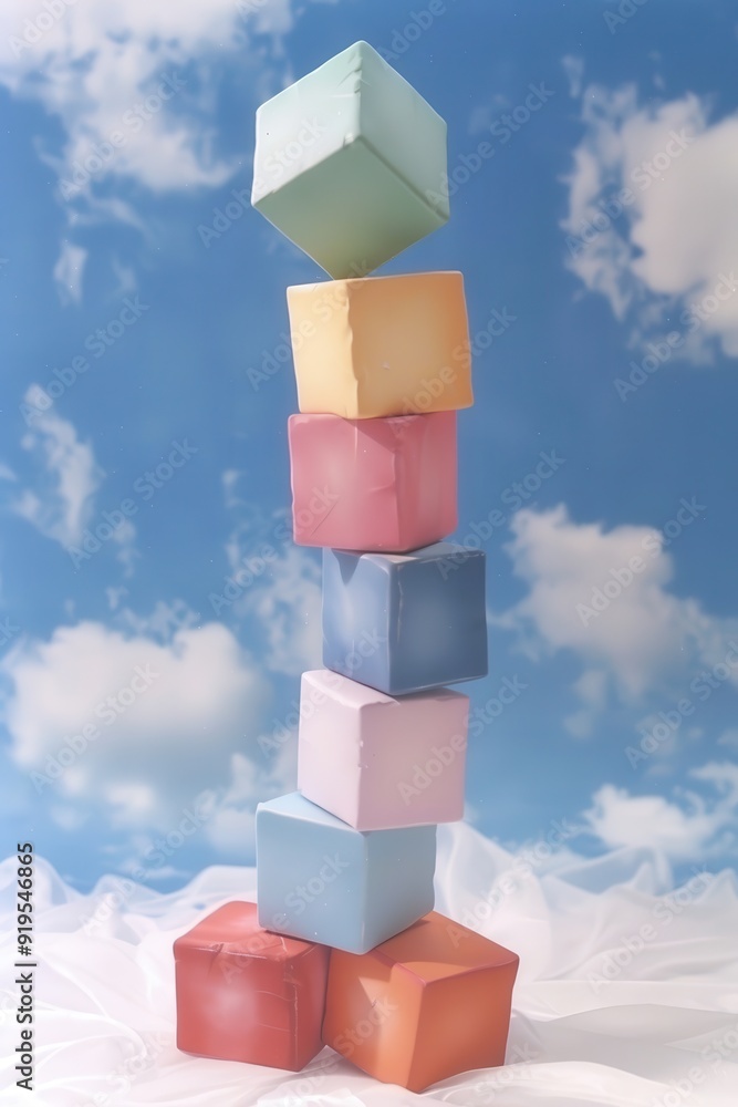 Poster Dynamic and Playful Three-Dimensional Colorful Blocks Stacked Up - Vibrant Photography