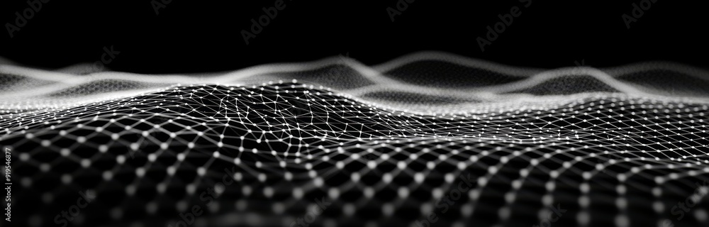 Poster the futuristic black hexagon background is reminiscent of an honeycomb. waves of particles are creat