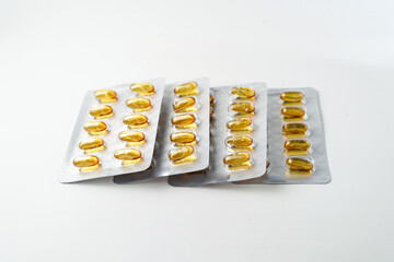 Oil filled blister pack capsules, softgel of food supplements, fish oil, omega 3, vitamin DHA