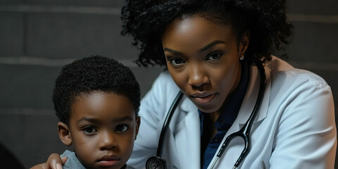 African American woman doctor holding a stethoscope while examining a young patient.