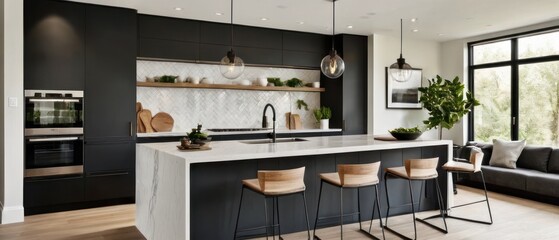 Sleek modern black kitchen featuring marble countertops, stylish cabinetry, and stainless steel appliances. Perfect blend of elegance and functionality for contemporary living.