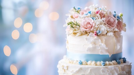 Fototapeta premium Wedding cake with flowers on the top 