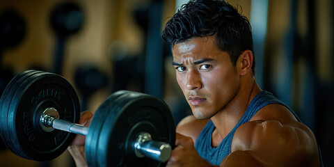 Latino man working out with free weights at a gym, focused on his fitness goals