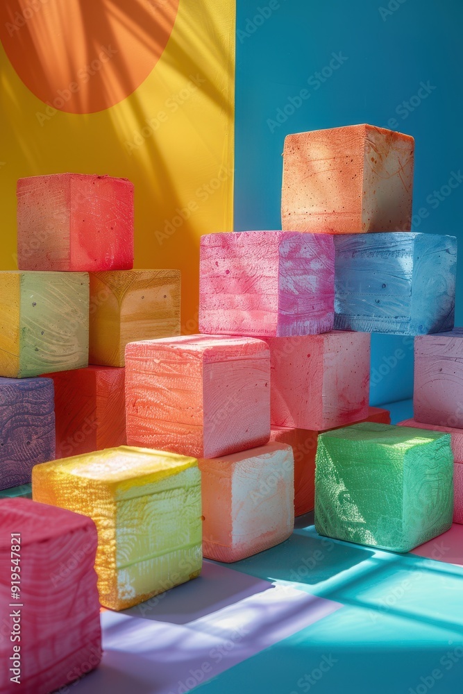 Poster Dynamic and Playful Three-Dimensional Colorful Blocks in Vibrant Stacks Photography