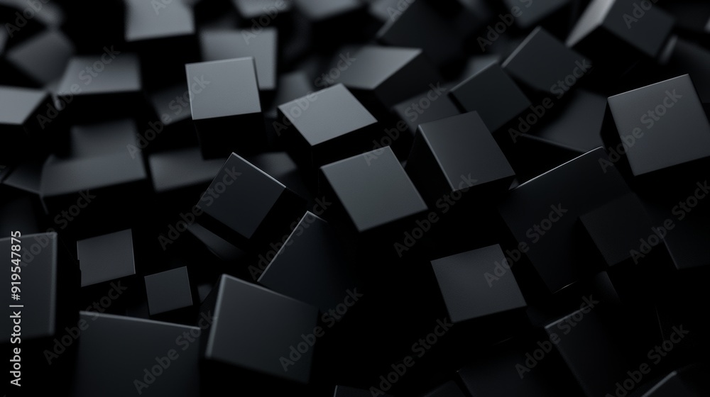 Poster clean, minimal design with simple black futuristic forms on a dark tech background. 3d rendering.