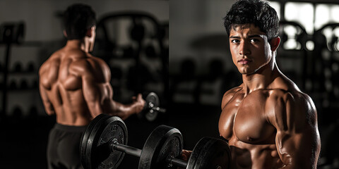 Latino man working out with free weights at a gym, focused on his fitness goals