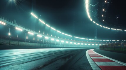 At night, the sport stadium is illuminated by floodlights with an empty racing track. A professional 3D digital illustration of racing sports.
