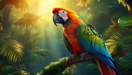 exotic parrot with vibrant plumage perched on tropical branch lush rainforest background sunlight filtering through leaves