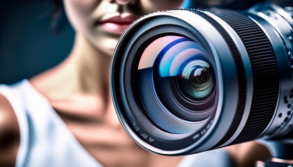 extreme closeup of professional video camera lens intricate glass elements visible metallic body reflections shallow depth of field technical precision highlight