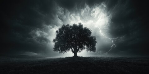 Fototapeta premium A Single Tree Silhouetted Against a Stormy Sky with Lightning
