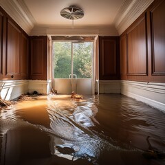 flooded basement interior with visible water damage emphasizing the destructive power of nature and the importance of disaster preparedness