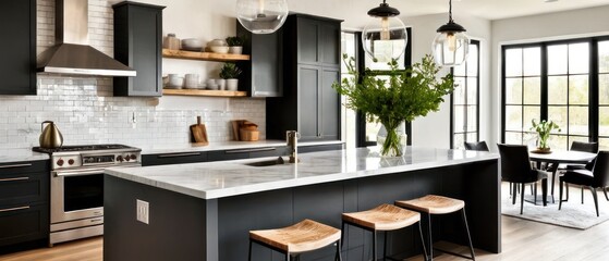 Sleek modern black kitchen featuring marble countertops, stylish cabinetry, and stainless steel appliances. Perfect blend of elegance and functionality for contemporary living.