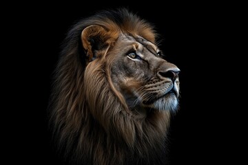 Fototapeta premium Photo of a lion isolated against a black background, emphasising the lion's majestic features. Wildlife and conservation concept, space for copy.
