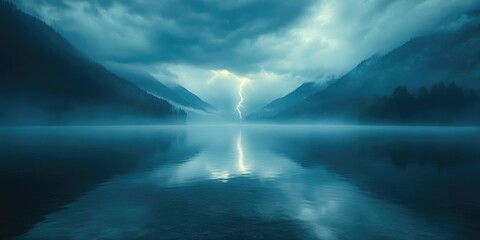 Fototapeta premium A Lightning Strike Reflected in a Still Mountain Lake