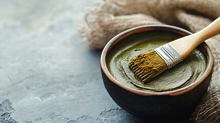 Bowl of Henna Cream and Brush on Light Grey Table Close Up