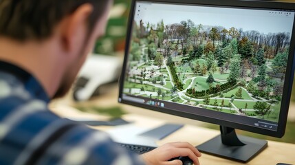 83. A landscape architect designing a park layout on a computer