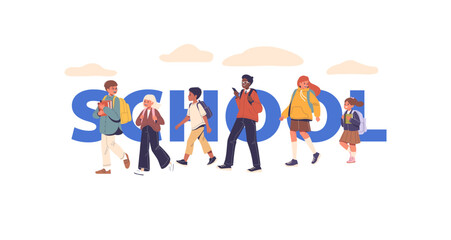 Vector Poster With Group Of Diverse School Children Walking Together With Backpacks. They Are Smiling And Enjoying Time