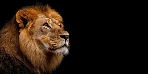 Fototapeta premium Photo of a lion isolated against a black background, emphasising the lion's majestic features. Wildlife and conservation concept, space for copy.