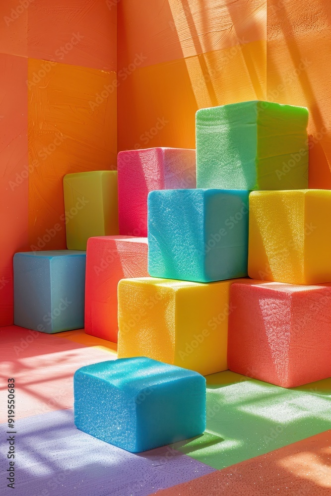 Poster vibrant geometric abstract composition with colorful 3d blocks on bright background