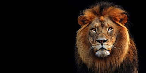 Fototapeta premium Photo of a lion isolated against a black background, emphasising the lion's majestic features. Wildlife and conservation concept, space for copy.