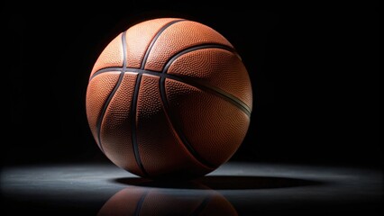 Fototapeta premium Panoramic shot of a basketball on a black background, Basketball, sports, black, background, panoramic, game, competition
