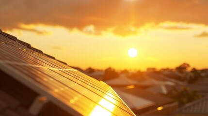 Obraz premium Business roof with solar panels, sun in the background during golden hour. 