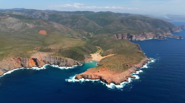 Aerial view on Cala Domestica Beach and landscape around. Sardinia, Italy