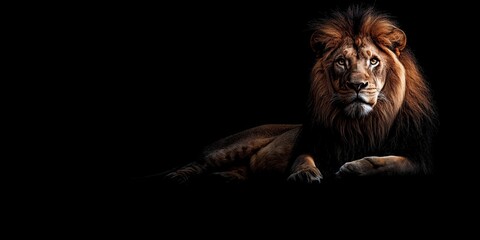 Photo of a lion isolated against a black background, emphasising the lion's majestic features. Wildlife and conservation concept, space for copy.