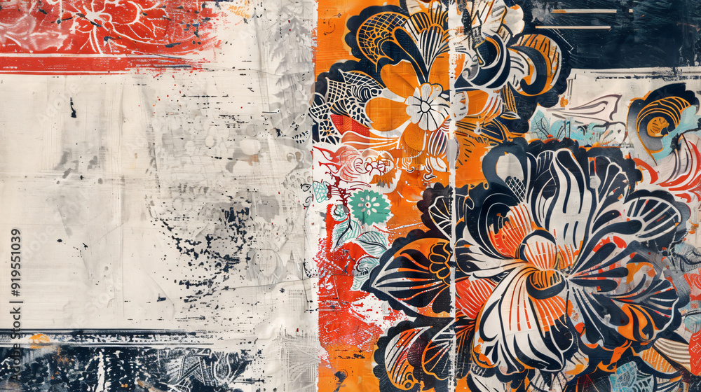 Poster vintage and artistic design with abstract floral pattern and grunge texture in the background