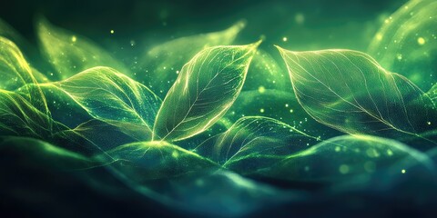 Naklejka premium Abstract Green Leaves with Glowing Veins and Particles