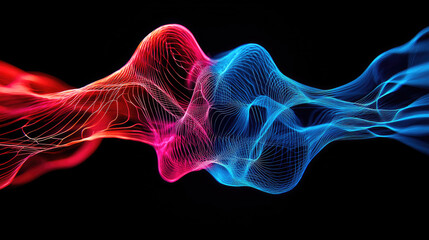 Fototapeta premium Abstract digital wave in vibrant colors of red and blue, creating a captivating visual flow against a black background.