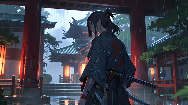 badass samurai before a temple