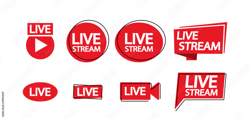 Poster vector set of red icons related to live streaming and broadcasting include text and symbols to repre