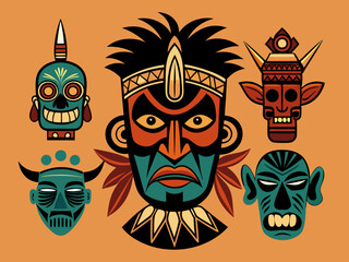 Ethnic masks. Tiki totem, voodoo african tribal head. Zulu traditional god, hawaiian indigenous vintage tattoo ritual polynesian face black vector set
