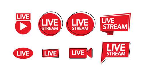 Vector Set Of Red Icons Related To Live Streaming And Broadcasting Include Text And Symbols To Represent Live Streaming