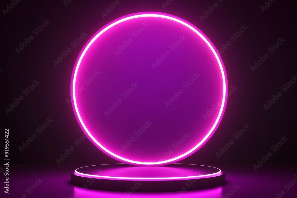 Poster the neon light product background is set on the grunge street floor with glow spotlights and a blank