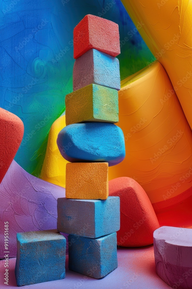Poster Vibrant Three-Dimensional Colorful Blocks in Dynamic Playful Stack Photography