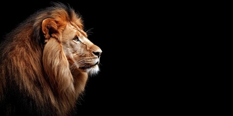 Photo of a lion isolated against a black background, emphasising the lion's majestic features. Wildlife and conservation concept, space for copy.