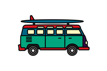 Original vector illustration. A van with a surfboard on the roof. A contour icon.
