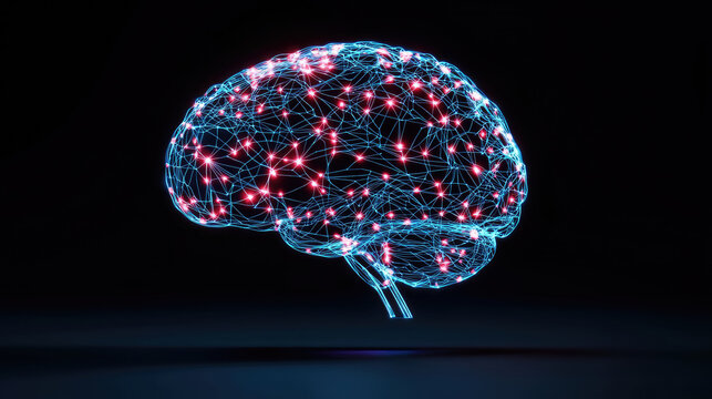 Illustration of a brain made from glowing networks, symbolizing intelligence, connectivity, and cognitive processes.