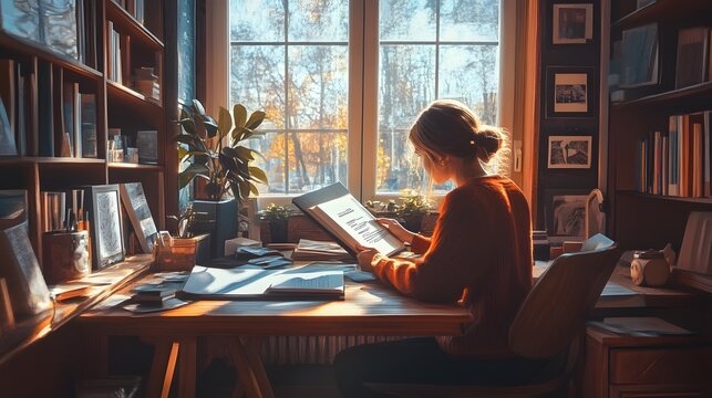 96. A book editor reviewing manuscripts in a cozy office
