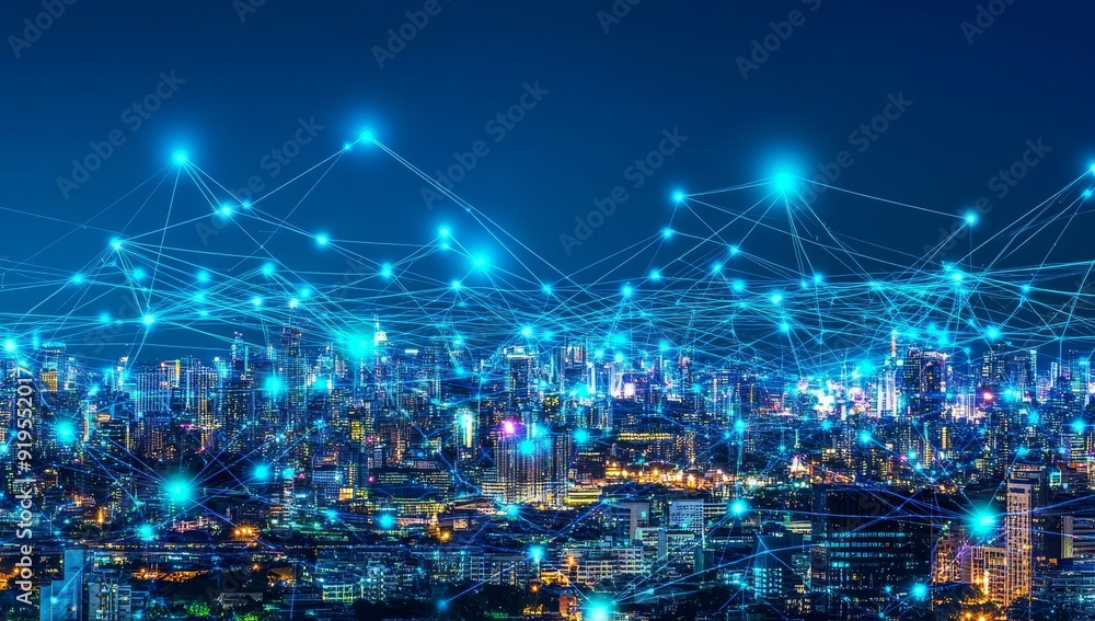 Poster cityscape with wireless network connection. big data connection technology concept with city backdro