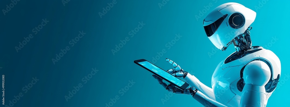Poster robot humanoid with tablet computer using ai thinking brain, stock, and machine learning. illustrati