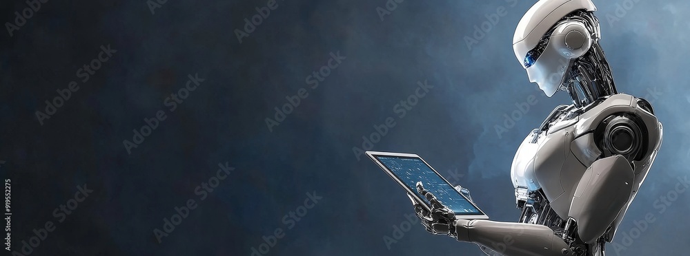 Aufkleber including a robot humanoid with a tablet computer in a future office using ai thinking brain, stock,