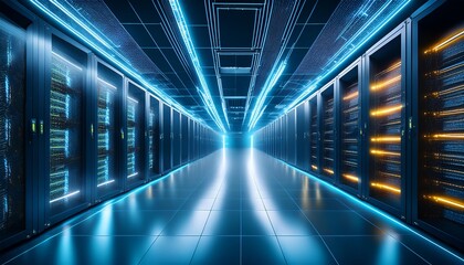 futuristic data center interior with seamless rows of glowing server racks advanced cooling systems and pulsing fiber optic cables in a vast sterile environment