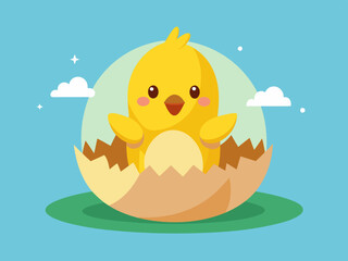 Chicken hatching. Easter cute chick hatched, cracked shell egg. Newborn bird from egg step-by-step process. Domestic hens baby in nest. Farm birds. Vector concept 
