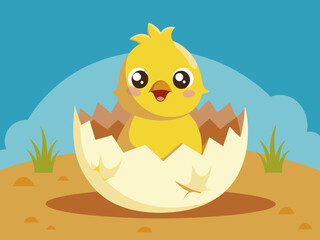 Chicken hatching. Easter cute chick hatched, cracked shell egg. Newborn bird from egg step-by-step process. Domestic hens baby in nest. Farm birds. Vector concept 
