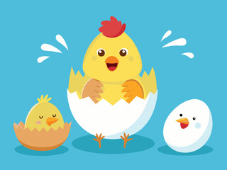 Chicken hatching. Easter cute chick hatched, cracked shell egg. Newborn bird from egg step-by-step process. Domestic hens baby in nest. Farm birds. Vector concept 

