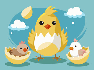 Chicken hatching. Easter cute chick hatched, cracked shell egg. Newborn bird from egg step-by-step process. Domestic hens baby in nest. Farm birds. Vector concept 
