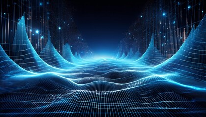 futuristic digital landscape with glowing blue grid and floating particles abstract network connections forming in space scifi inspired tech visualization